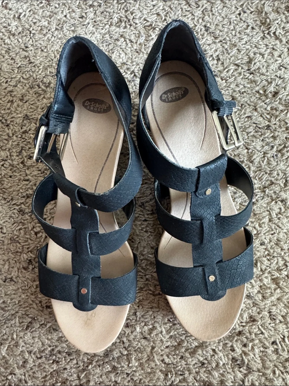 Dr. Scholl's Black Textured Wedge Sandals with Tan Platform